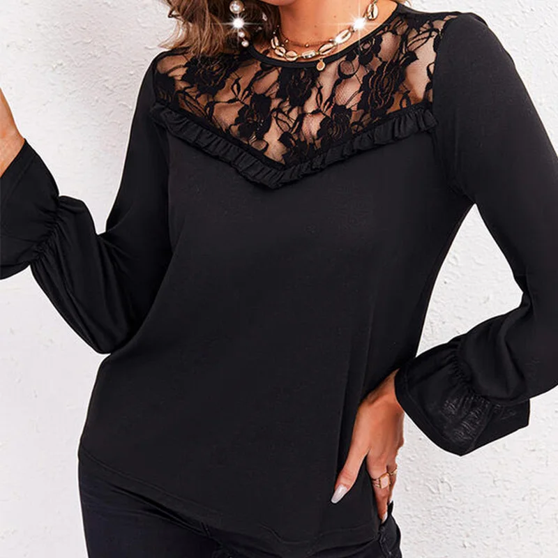 Plus Size Solid Lace O Neck Long Sleeve Elegant Blouses Women Summer Spring Office Lady S-5XL Loose Black Tee Top Shirts Clothes 
Plus Size Solid Lace O Neck Long Sleeve Elegant Blouses Women Summer Spring Office Lady S-5XL Loose Black Tee Top Shirts Clothes