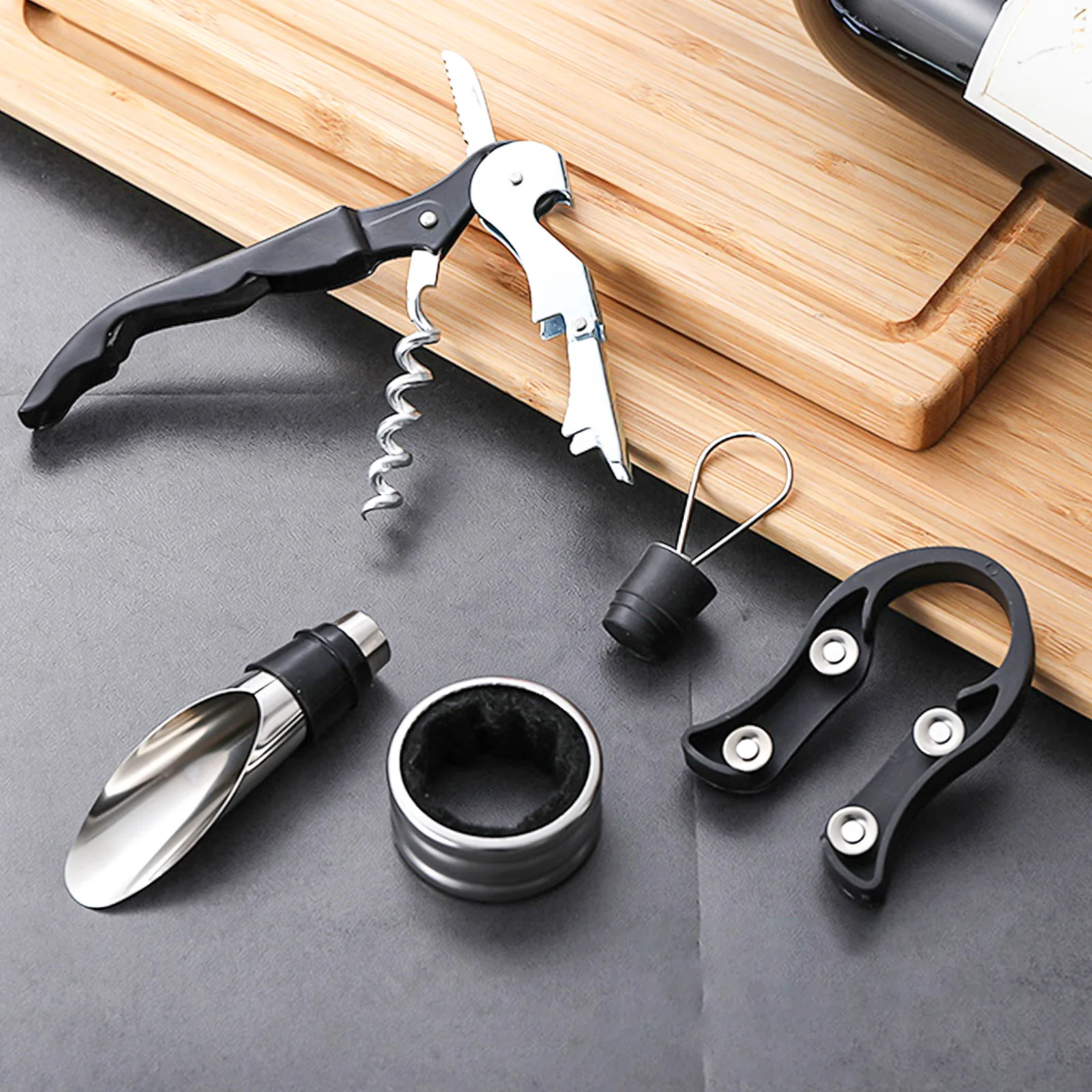 5 in 1 Wine Corkscrew Set with Bottle Opener, Foil Cutters, Wine Stopper, Drip Rings, Wine Pourer Accessory Sets
5 in 1 Wine Corkscrew Set with Bottle Opener, Foil Cutters, Wine Stopper, Drip Rings, Wine Pourer Accessory Sets