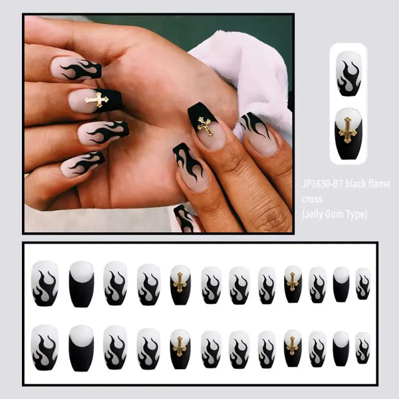 

1 Box Fake Nails Fashion Style With Adhesive Patch Flame/Frosted/Rhinestone/French Pattern Long Wearable Nail Tips Manicure Tool