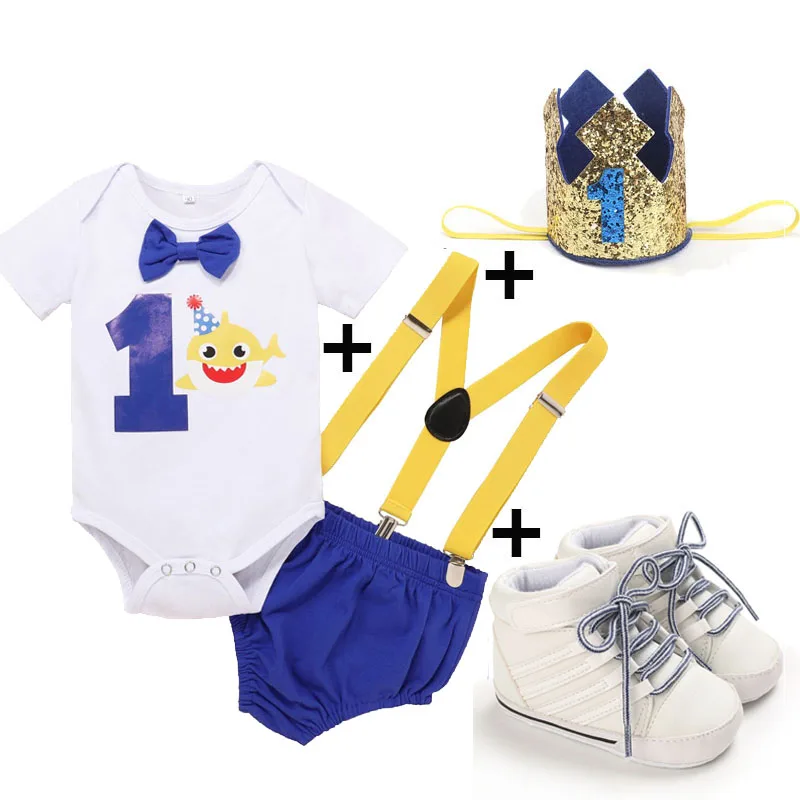 

Cake Smash Baby Boy Clothes Set Shark PP Shorts with Suspender Romper Shoes Crown Cute Toddler First Birthday Outfit Photograph
