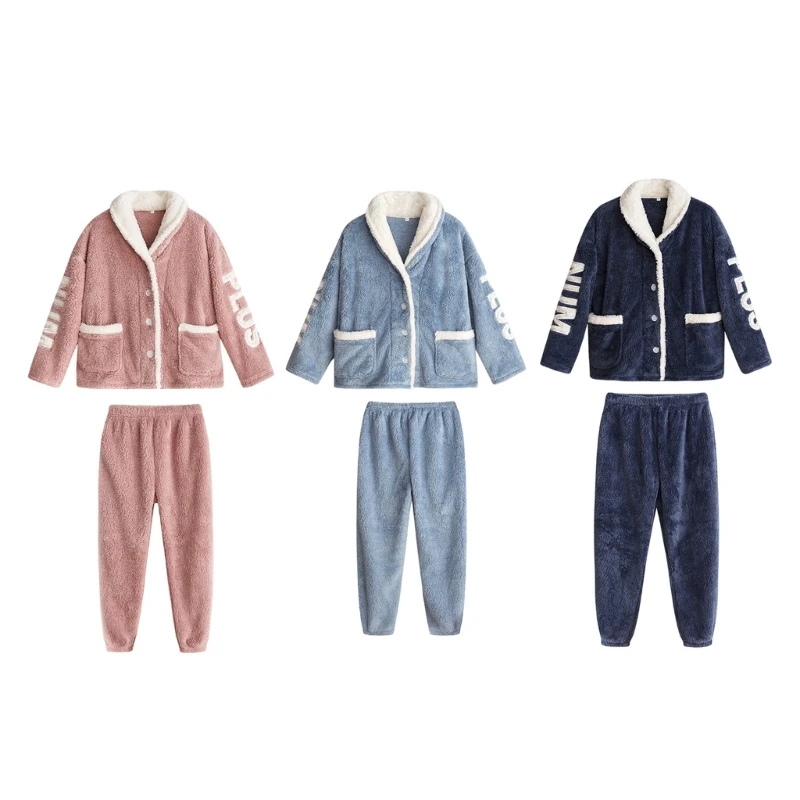 Women Fleece Pajamas Set Flannel Warm Sleepwear Embroidery Button Up Top Pants 
Women Fleece Pajamas Set Flannel Warm Sleepwear Embroidery Button Up Top Pants