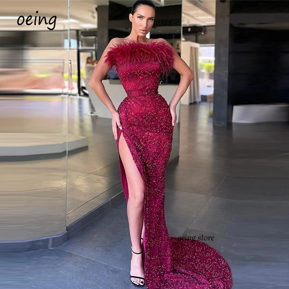 OEING Glitter Burgundy Sequin Lace Beads Evening Dresses Feathers Strapless Side Slit Dubai Women Formal Party Prom Gowns
OEING Glitter Burgundy Sequin Lace Beads Evening Dresses Feathers Strapless Side Slit Dubai Women Formal Party Prom Gowns