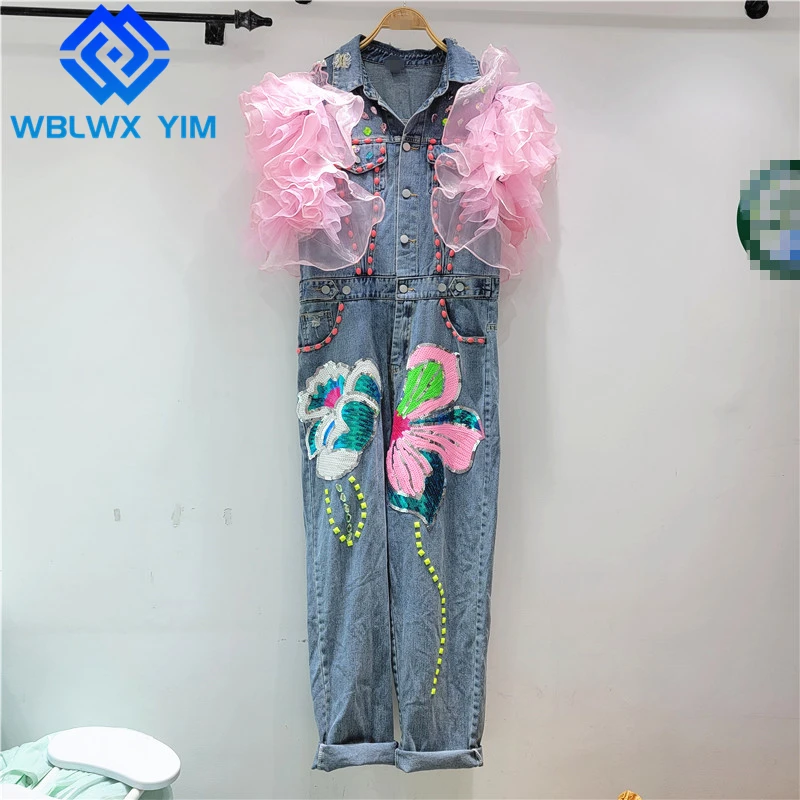 Denim Overalls Women Sleeveless Lapel Sequins Fashion Mesh Splicied High Waist Romper Streetwear Loose Summer Jumpsuits Female
Denim Overalls Women Sleeveless Lapel Sequins Fashion Mesh Splicied High Waist Romper Streetwear Loose Summer Jumpsuits Female