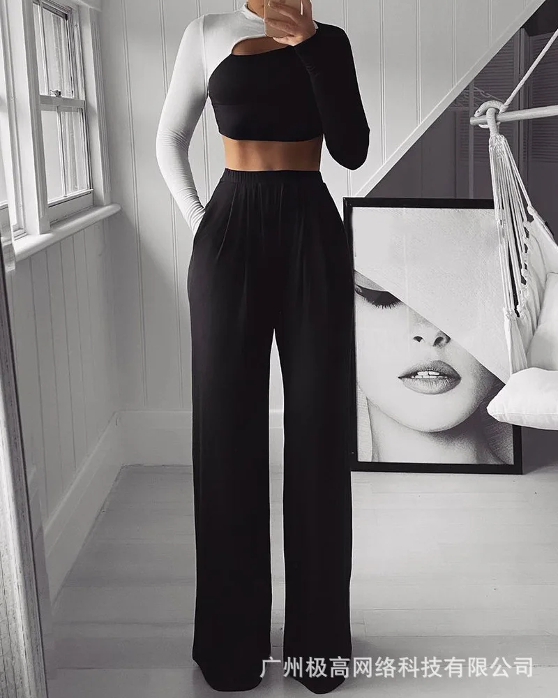 Two Piece Set Women 2022 New Summer Black and White Contrast Color Long Sleeve Short Hollow Top + High Waist Straight Pants Suit
Two Piece Set Women 2022 New Summer Black and White Contrast Color Long Sleeve Short Hollow Top + High Waist Straight Pants Suit