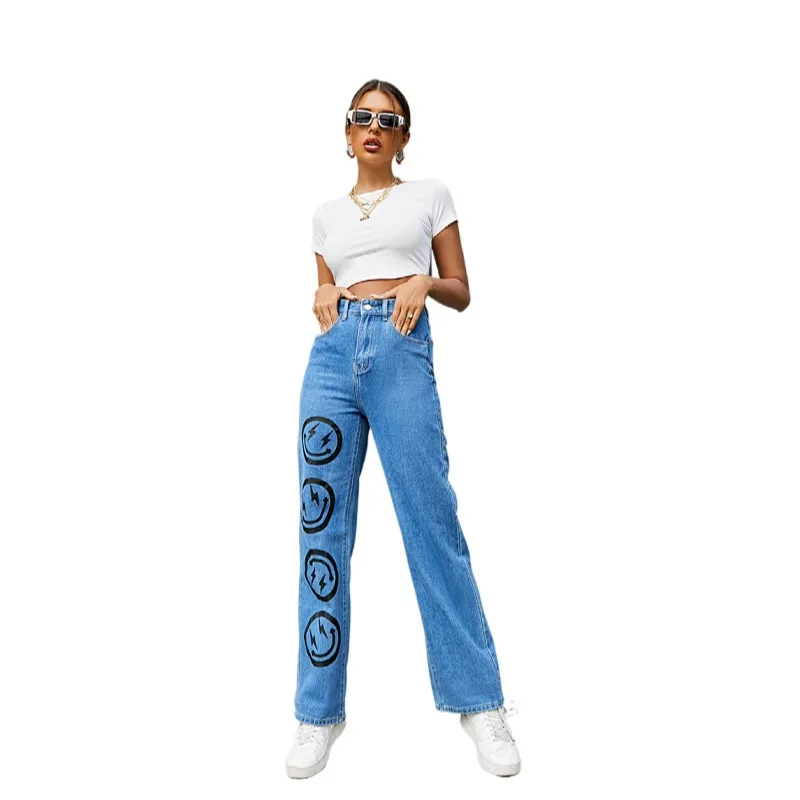 

New Jeans For Women Smile Print Straight Leg Denim Pants Ladies Fashion Mom Jeans Loose Large Size High Street Ins Hot Sale 2022