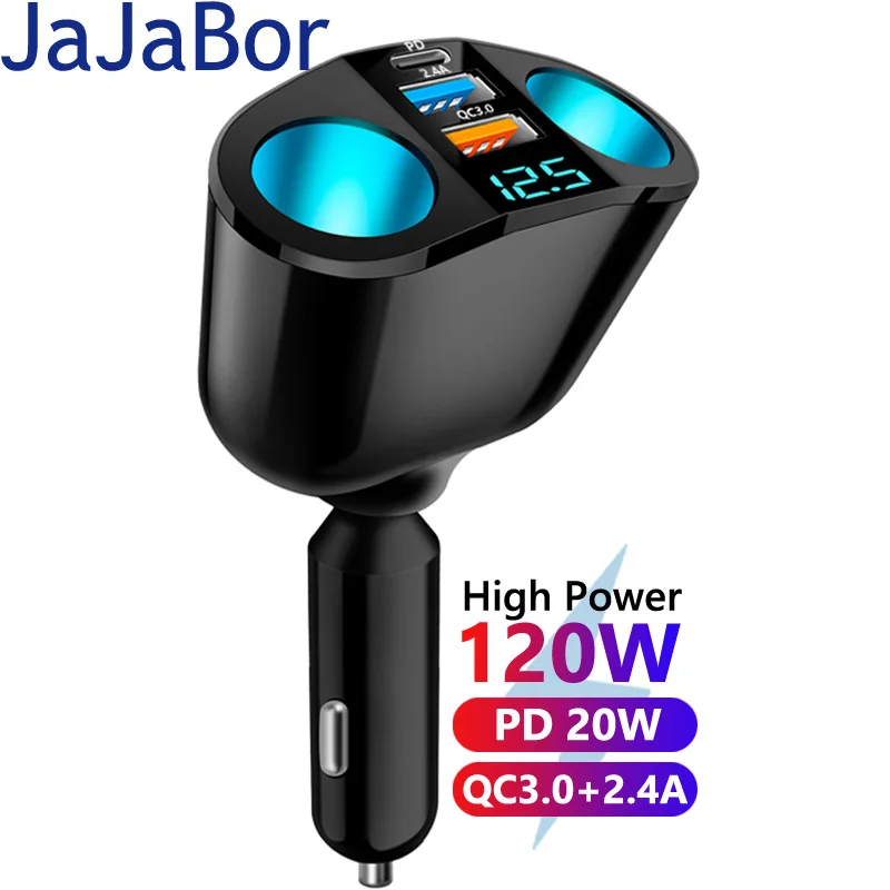 

JaJaBor Car Cigarette Lighter Socket Splitter 5 Sockets 120W High Power Type C PD 20W USB 2.4A QC3.0 Fast Charging Power Adapter