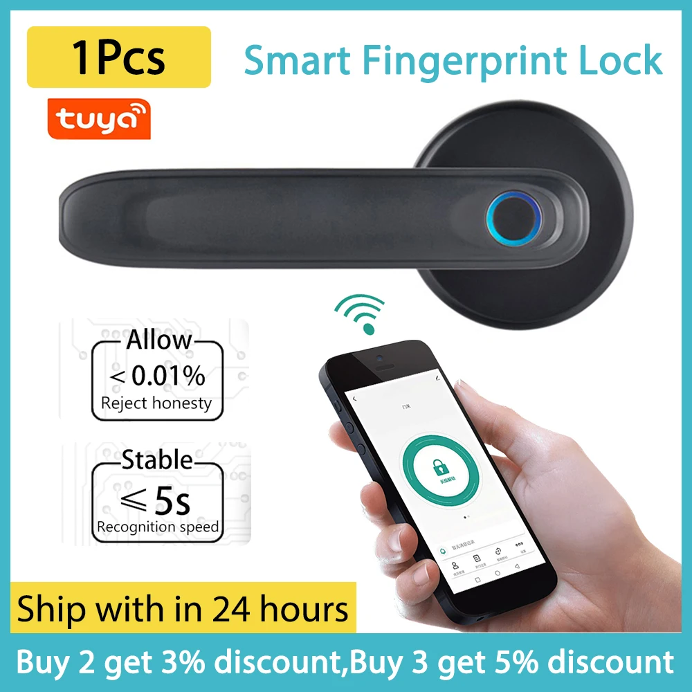 1Pcs Tuya APP Smart Fingerprint Door Lock Biometric Keyless Entry Handle Lock with 2 Mechanical Keys Without Password Black
1Pcs Tuya APP Smart Fingerprint Door Lock Biometric Keyless Entry Handle Lock with 2 Mechanical Keys Without Password Black