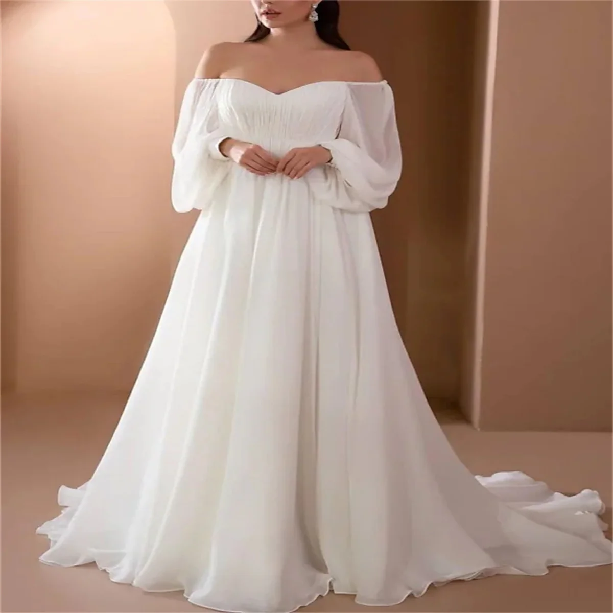 A-Line Beach Vintage Wedding Dresses Sweep / Brush Train Long Sleeve Off Shoulder Chiffon With Pleats Beading 2023 Bridal Gowns
A-Line Beach Vintage Wedding Dresses Sweep / Brush Train Long Sleeve Off Shoulder Chiffon With Pleats Beading 2023 Bridal Gowns