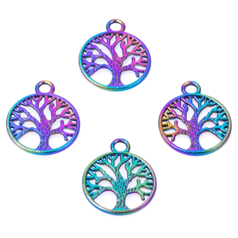 

15pcs/Lot Circle Ring Openwork Tree Plant Branch Pendant Rainbow Color Metal Charms For Accessories Jewelry Making DIY Materials