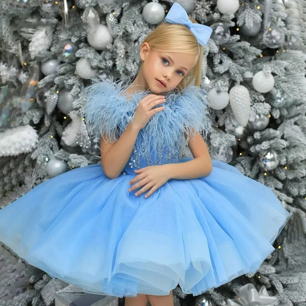 

Cute Sky Blue Flower Gril Dresses Scoop Ball Gown Feather Kids Pageant Gown Knee Length Party Dress for Todders