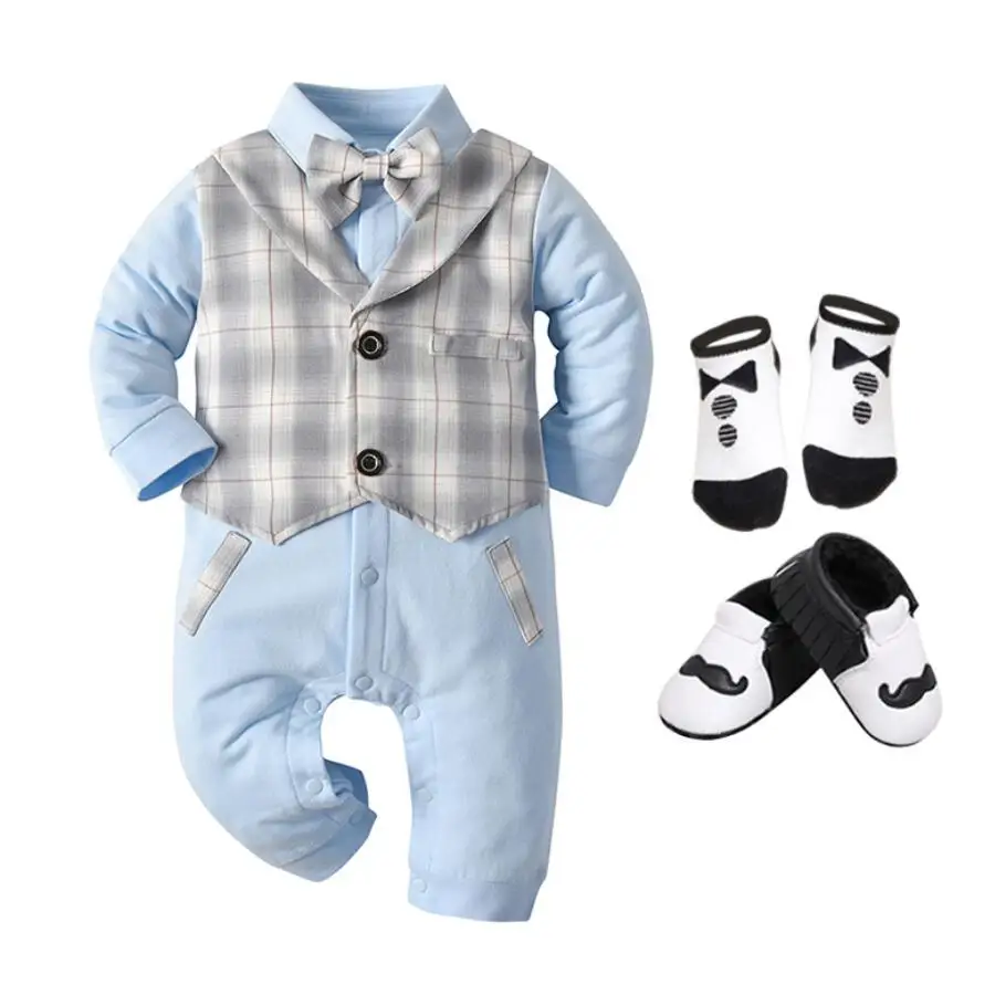 

Boy Autumn Jumpsuit With Bow Knot Gentleman Long Sleeved Plaid Fake Two Piece Romper Toddler Child Outing Romper Combination