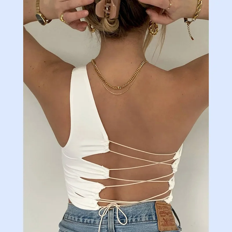 2022 European and American New Sexy Backless Single Shoulder Strap Irregular Crop Vest
2022 European and American New Sexy Backless Single Shoulder Strap Irregular Crop Vest