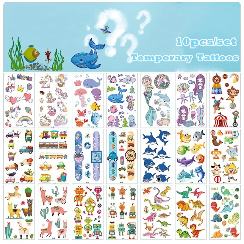 10pcs/set Temporary Tattoos For Kids Cartoon Anime Stickers Children Festival Gift Kit Tattoo Flower Animal Robot Shark Cake
10pcs/set Temporary Tattoos For Kids Cartoon Anime Stickers Children Festival Gift Kit Tattoo Flower Animal Robot Shark Cake