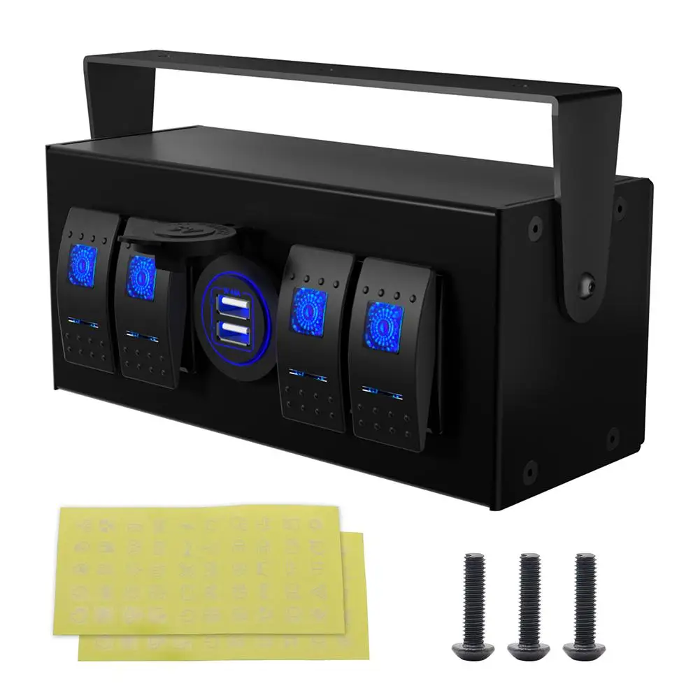 4 Gang Rocker Switch Box 12V/24V Switch Dual USB Charging plug Aluminum Rocker Switch Panel For Boats Cars RVs Trucks
4 Gang Rocker Switch Box 12V/24V Switch Dual USB Charging plug Aluminum Rocker Switch Panel For Boats Cars RVs Trucks