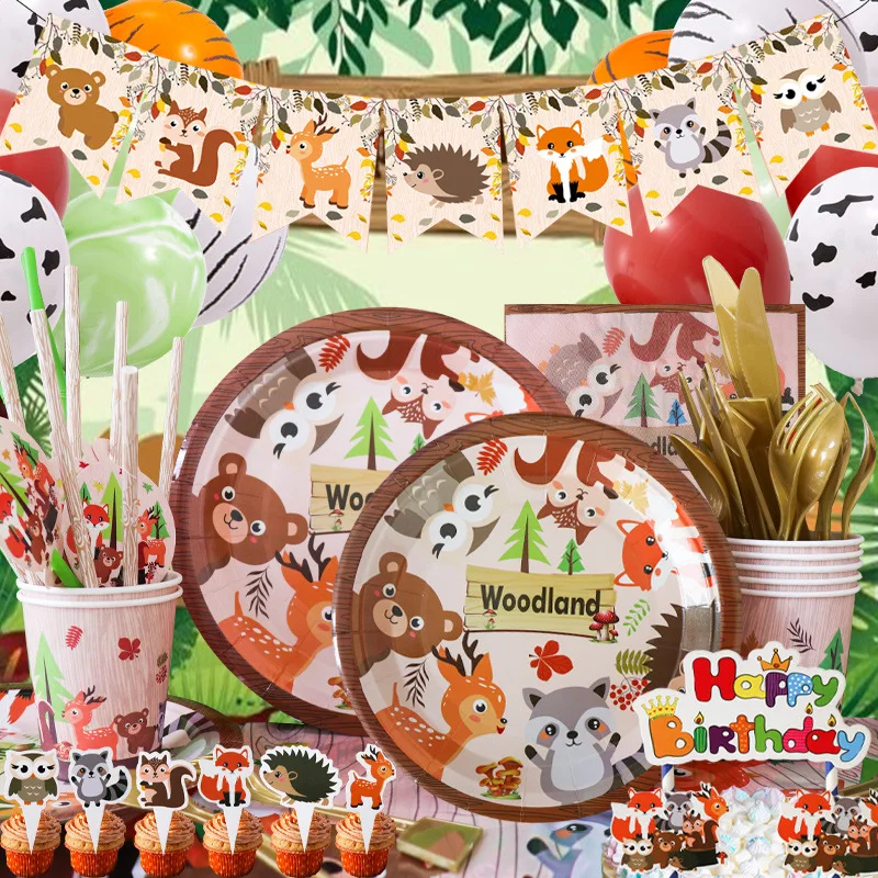 

Forest Animal Theme Party Fox Hedgehog Pattern Kids Animal Birthday Party Decoration Disposable Balloon Napkin Plate