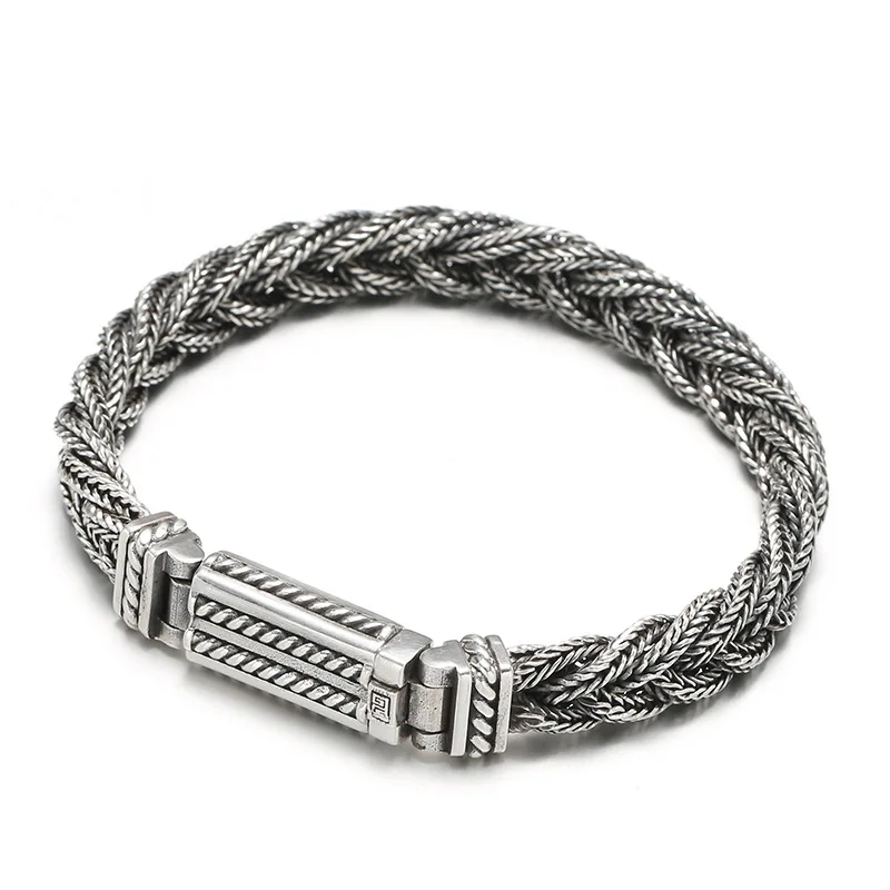 

Real S925 Sterling Thai Silver Retro Punk Fox Tail Chain Weave Twist Braid Bracelet For Men Women Jewelry Gift