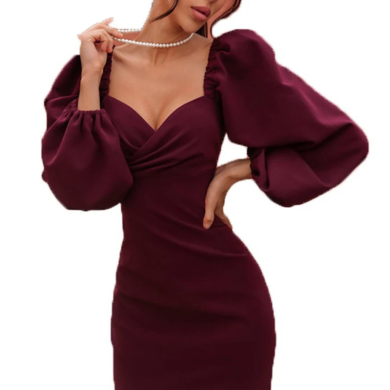 Женское платье с открытыми плечами, элегантное приталенное платье средней длины с рукавами-фонариками, соблазнительное платье для осени 2021 
Женское платье с открытыми плечами, элегантное приталенное платье средней длины с рукавами-фонариками, соблазнительное платье для осени 2021