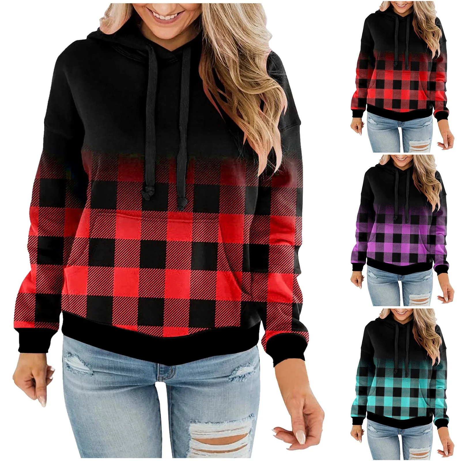 Женский Повседневный Свободный пуловер с капюшоном, свитшот с длинным рукавом и клетчатым принтом, флисовое платье на молнии 
Женский Повседневный Свободный пуловер с капюшоном, свитшот с длинным рукавом и клетчатым принтом, флисовое платье на молнии