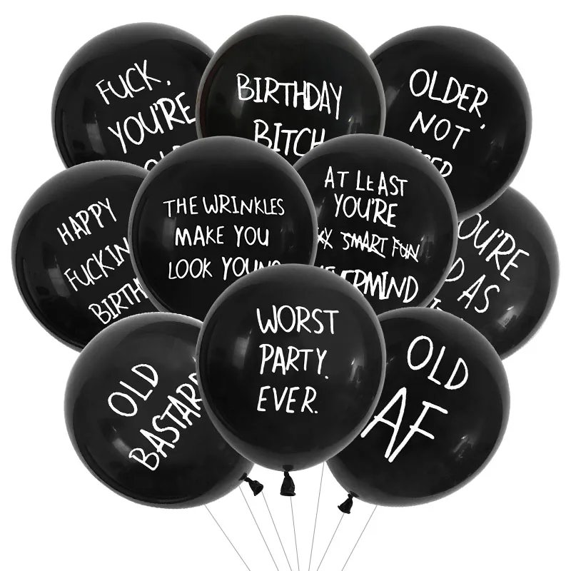 10pcs Black Latex Balloon Abusive Offensive Rude Letter Balloons Olds Adult Happy Fucking Birthday Bitch Air Globos Party Decor
10pcs Black Latex Balloon Abusive Offensive Rude Letter Balloons Olds Adult Happy Fucking Birthday Bitch Air Globos Party Decor