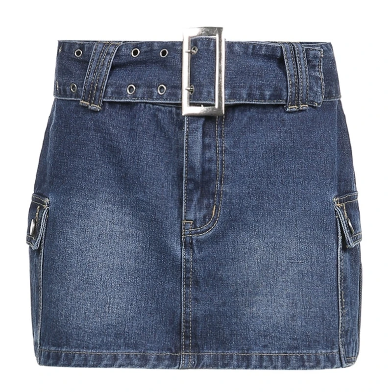 

L5YA Women Aesthetic Vintage Low Waist Buckle Belted Slim-Fitted Mini Cargo Denim Skirt Streetwear with Side Flap Pockets