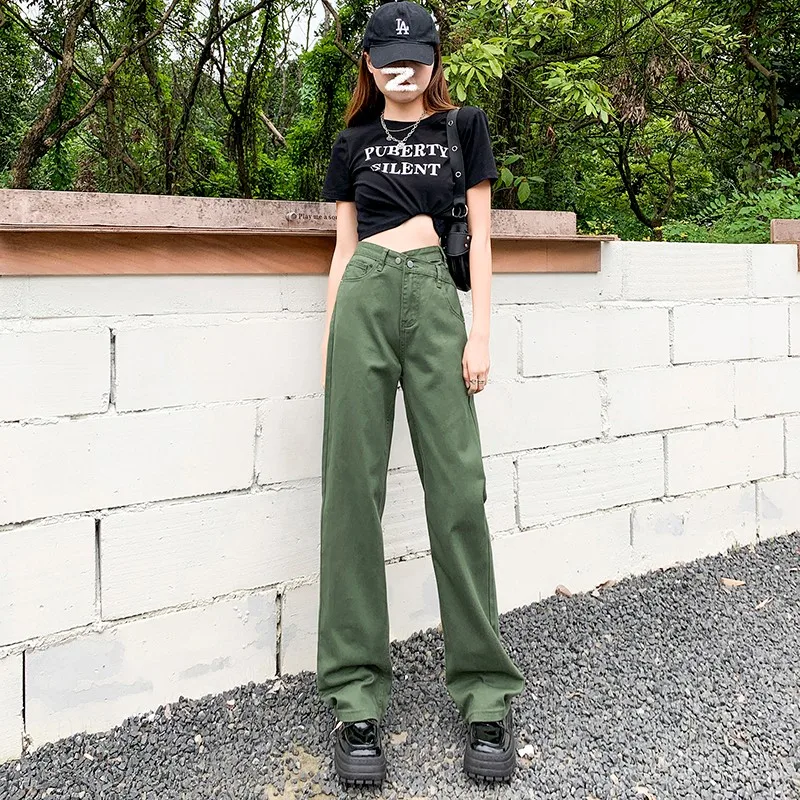 Army Green Diagonal Buckle Loose Jeans Women 
Army Green Diagonal Buckle Loose Jeans Women