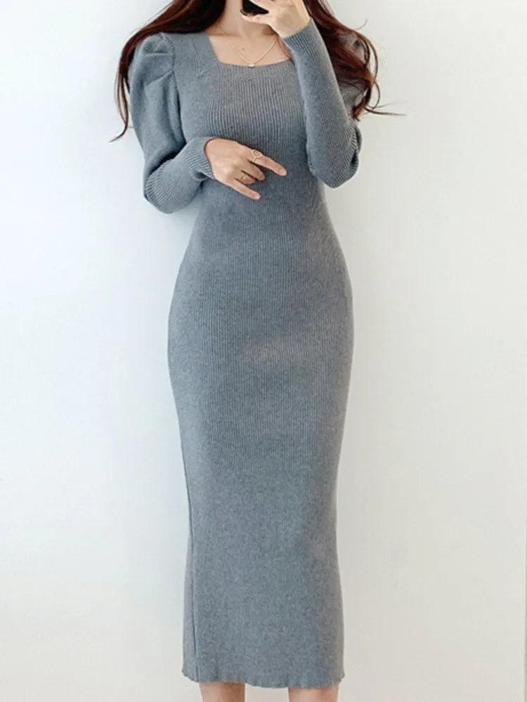 Korean New Puff Sleeve Women Dress Elegant Slim Lady Vintage Square Neck Solid Midi Clothes Autumn Fashion Knitted Female Robe
Korean New Puff Sleeve Women Dress Elegant Slim Lady Vintage Square Neck Solid Midi Clothes Autumn Fashion Knitted Female Robe