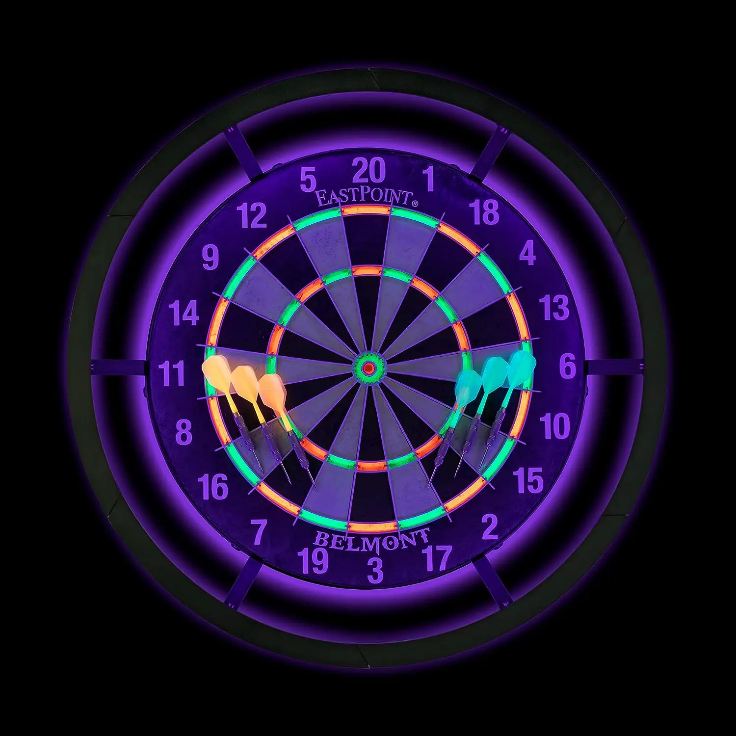 Size Blacklight Dart Board Set with Neon Scoring Segments and Dart Flights - Includes 6 18g Steel Tip Darts and Hardware Kit - G
Size Blacklight Dart Board Set with Neon Scoring Segments and Dart Flights - Includes 6 18g Steel Tip Darts and Hardware Kit - G