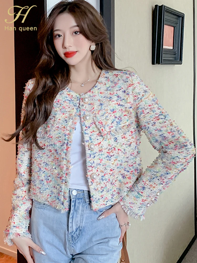 

Женская твидовая куртка с бахромой H Han Queen, короткая куртка в Корейском стиле радужной расцветки, в стиле ретро, верхняя одежда для осени и зи...
