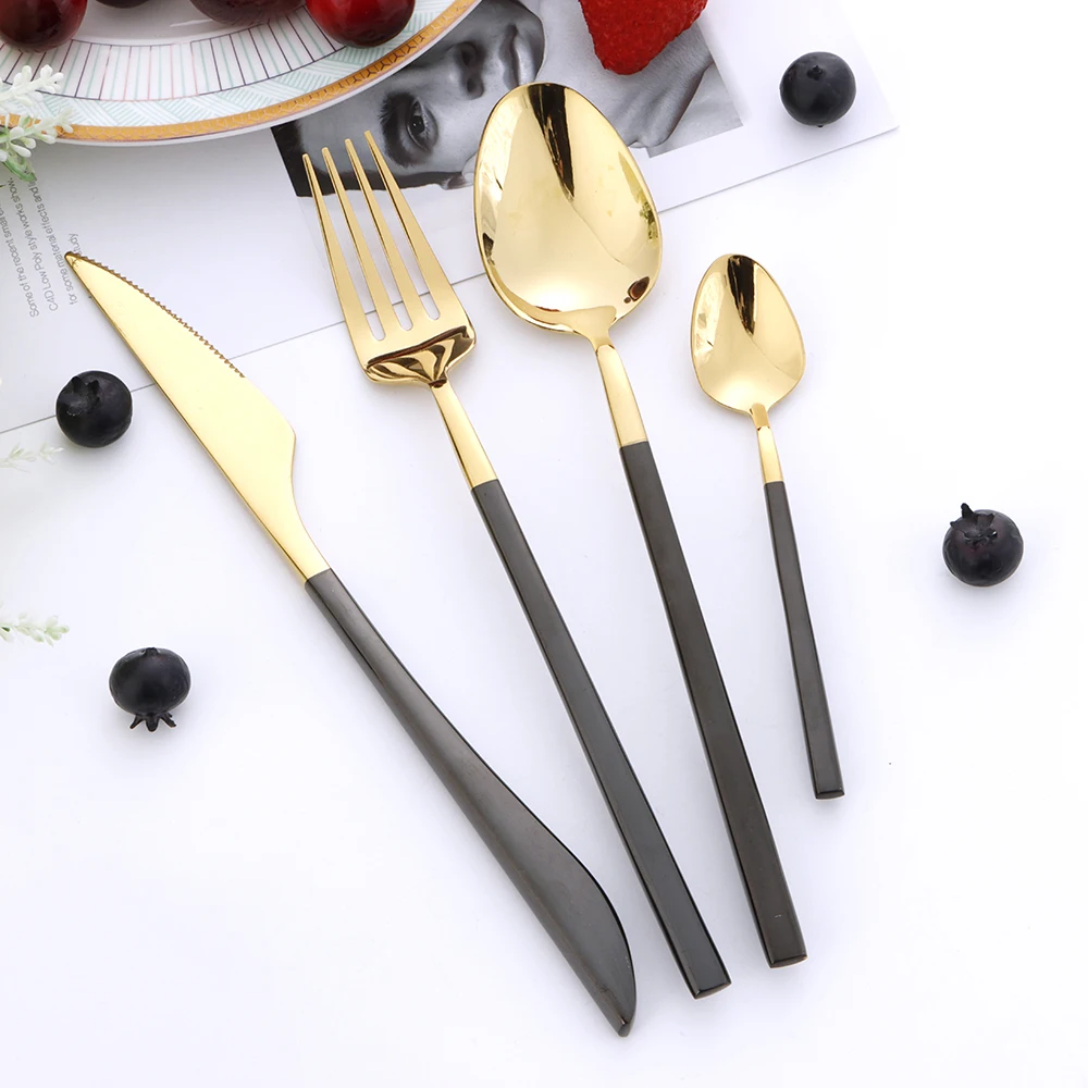4pcs Gold Table Knife Fork Spoon Cutlery Set for Table Plates Western Steak Soup Tea Black Handle Stainless Steel Kitchen Tools
4pcs Gold Table Knife Fork Spoon Cutlery Set for Table Plates Western Steak Soup Tea Black Handle Stainless Steel Kitchen Tools