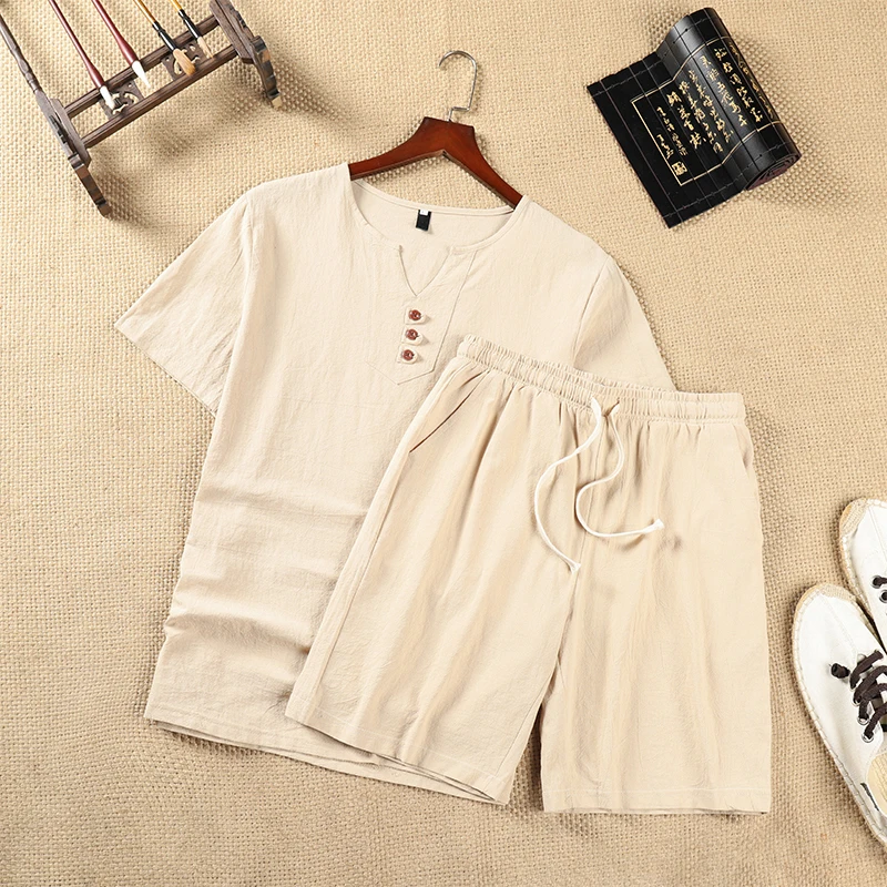 Summer men's short-sleeved casual suit youth sports T-shirt shorts cotton and linen V bottoming shirt
Summer men's short-sleeved casual suit youth sports T-shirt shorts cotton and linen V bottoming shirt