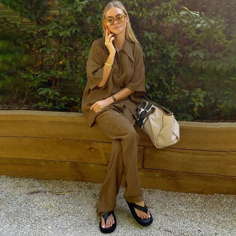 New Elegant Women Pajamas Pants Sets Causal Loose Trouser 2 Piece Sleepwear Suits Short Sleeve Blouse With High Wasit Pants Set
New Elegant Women Pajamas Pants Sets Causal Loose Trouser 2 Piece Sleepwear Suits Short Sleeve Blouse With High Wasit Pants Set