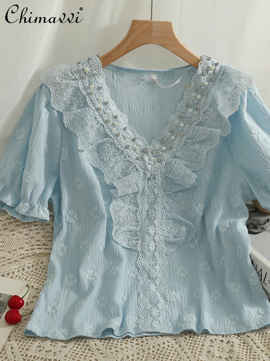 2022 Summer New Female Fashion Sweet Lace Patchwork Ruffled Pullover Shirt Women Loose Slimming Solid Printed Short Blouses Top
2022 Summer New Female Fashion Sweet Lace Patchwork Ruffled Pullover Shirt Women Loose Slimming Solid Printed Short Blouses Top