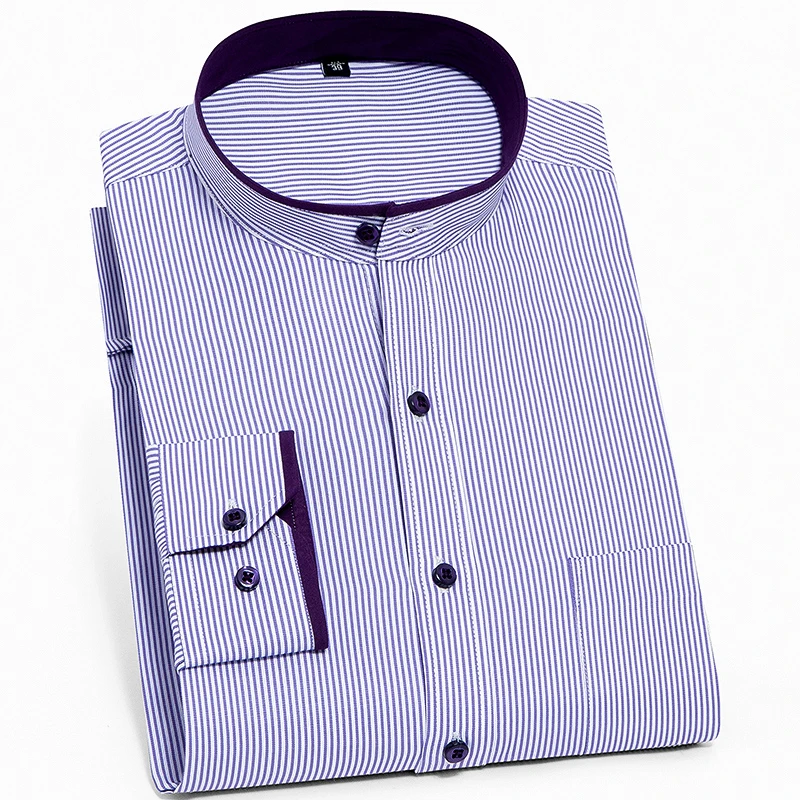 

Men Vertical Striped Shirts Business Madarin Collar Long Sleeved Mens Casual Regular Fit Non-Iron Front Pocket Dress Shirt Male
