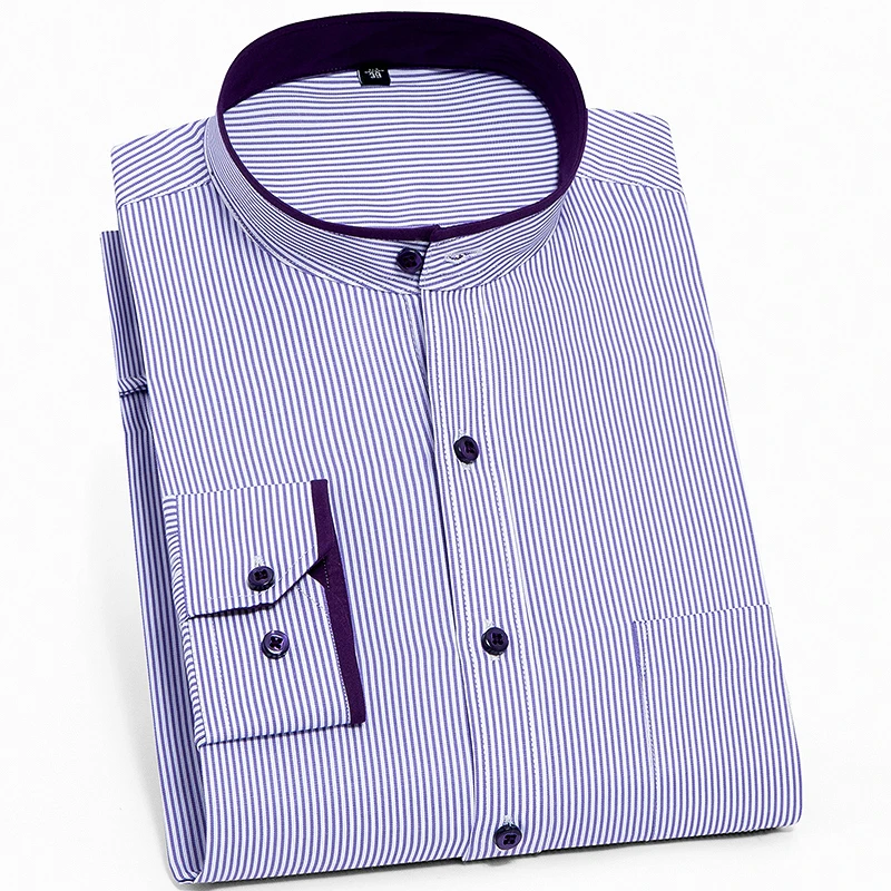 Men Vertical Striped Shirts Business Madarin Collar Long Sleeved Mens Casual Regular Fit Non-Iron Front Pocket Dress Shirt Male
Men Vertical Striped Shirts Business Madarin Collar Long Sleeved Mens Casual Regular Fit Non-Iron Front Pocket Dress Shirt Male