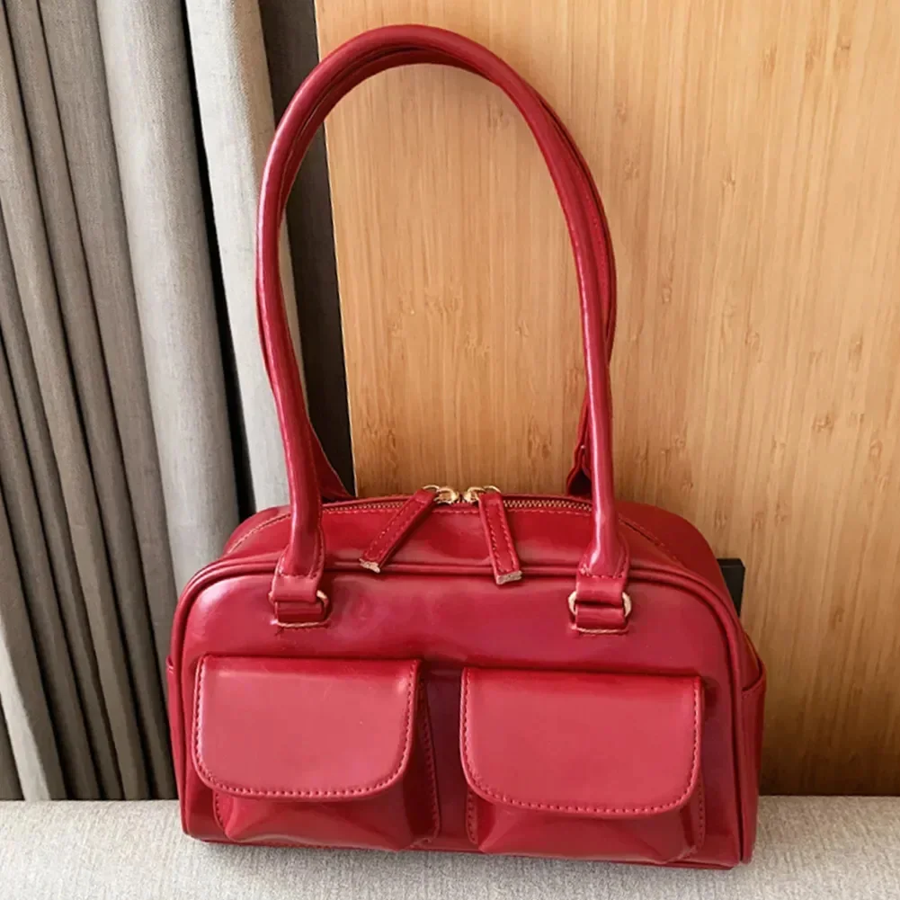 

Retro Red Women's Satchel Hobo Bag Patent Leather Multi Pocket Luxury Designer Handbag Female Shoulder Underarm Bag Tote Purses