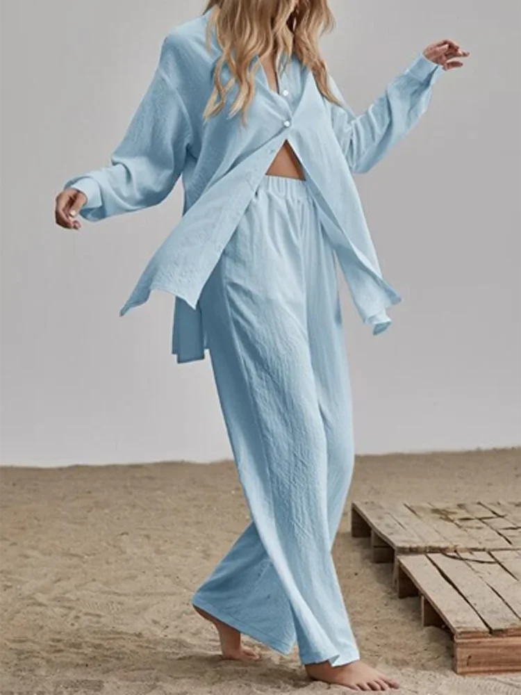 2022 Women Casual Solid 2pcs Outfit Spring Long Sleeve Shirt Cotton Linen Set Turn-down Collar Button Long Coat+Pocet Pants Suit
2022 Women Casual Solid 2pcs Outfit Spring Long Sleeve Shirt Cotton Linen Set Turn-down Collar Button Long Coat+Pocet Pants Suit