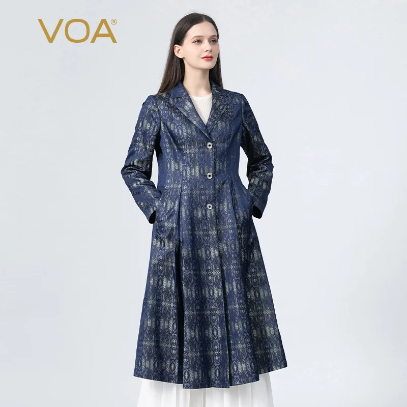 VOA Simple Silk Yarn-dyed Jacquard Suit Collar Trench Coat Autumn Office Single Breasted Long Sleeves Women Coats Vintage FE193 
VOA Simple Silk Yarn-dyed Jacquard Suit Collar Trench Coat Autumn Office Single Breasted Long Sleeves Women Coats Vintage FE193