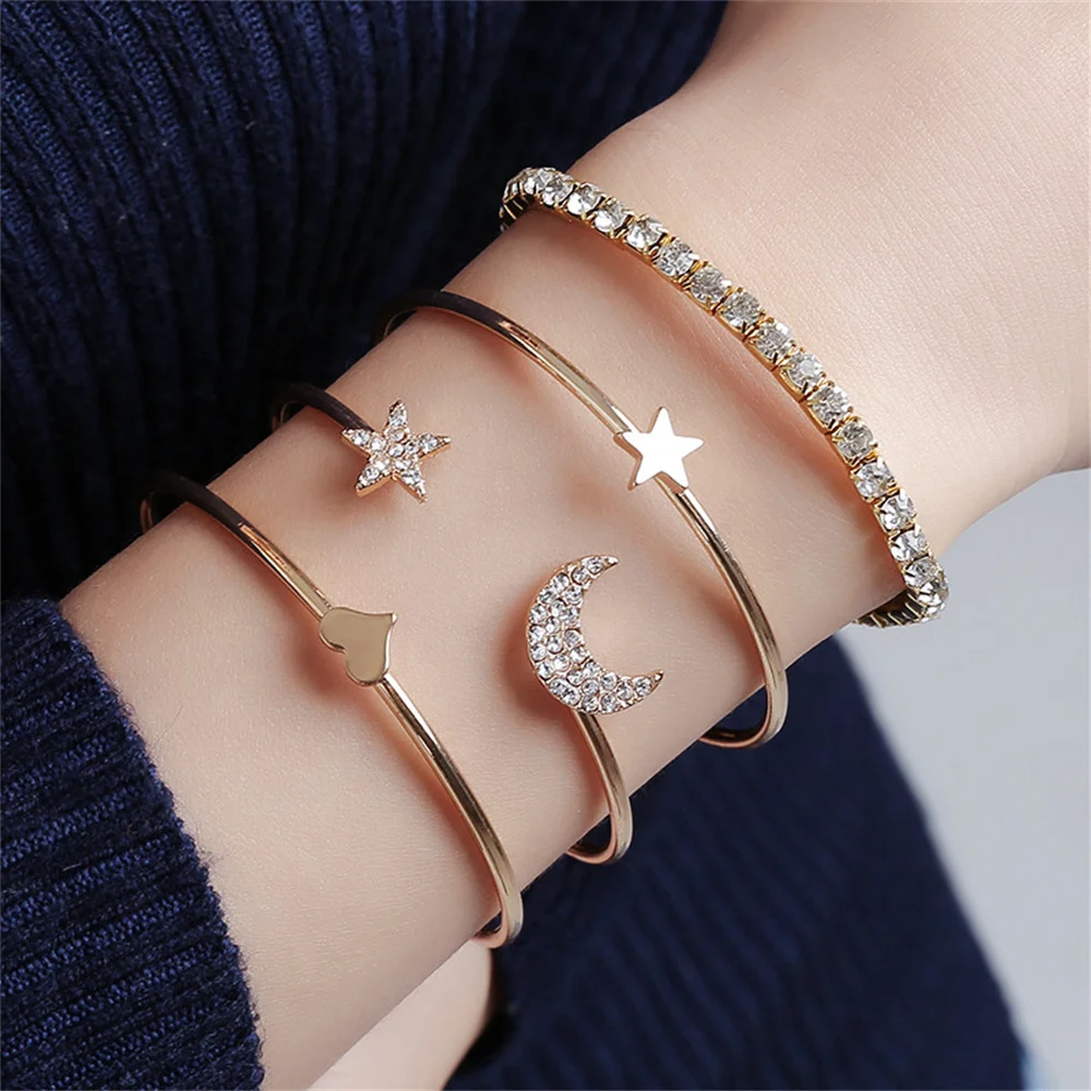Fashion Boho Moon Star Rhinestone Bangle Set for Women Korean Style Heart Charm Bracelets Girlfriends Gift Hot Sale 2023 Trend
Fashion Boho Moon Star Rhinestone Bangle Set for Women Korean Style Heart Charm Bracelets Girlfriends Gift Hot Sale 2023 Trend