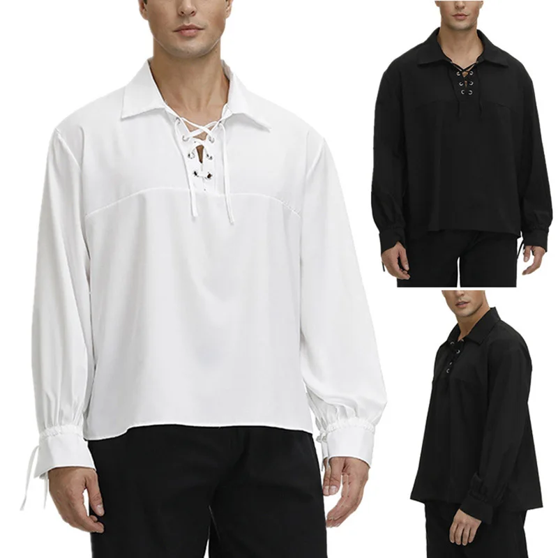 Men Shirt Lapel Loose Casual New Fashion Retro Vintage Drawstring Holllow Out Bandage White Black Solid Color Pullover Tops
Men Shirt Lapel Loose Casual New Fashion Retro Vintage Drawstring Holllow Out Bandage White Black Solid Color Pullover Tops