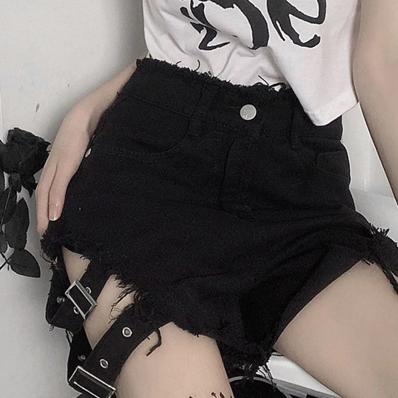 Black Punk Female Broken Slit Short Length Jean Harajuku Lady Hollow Hole Buckle Strap Denim Pants Gothic Mujer Street Shorts
Black Punk Female Broken Slit Short Length Jean Harajuku Lady Hollow Hole Buckle Strap Denim Pants Gothic Mujer Street Shorts
