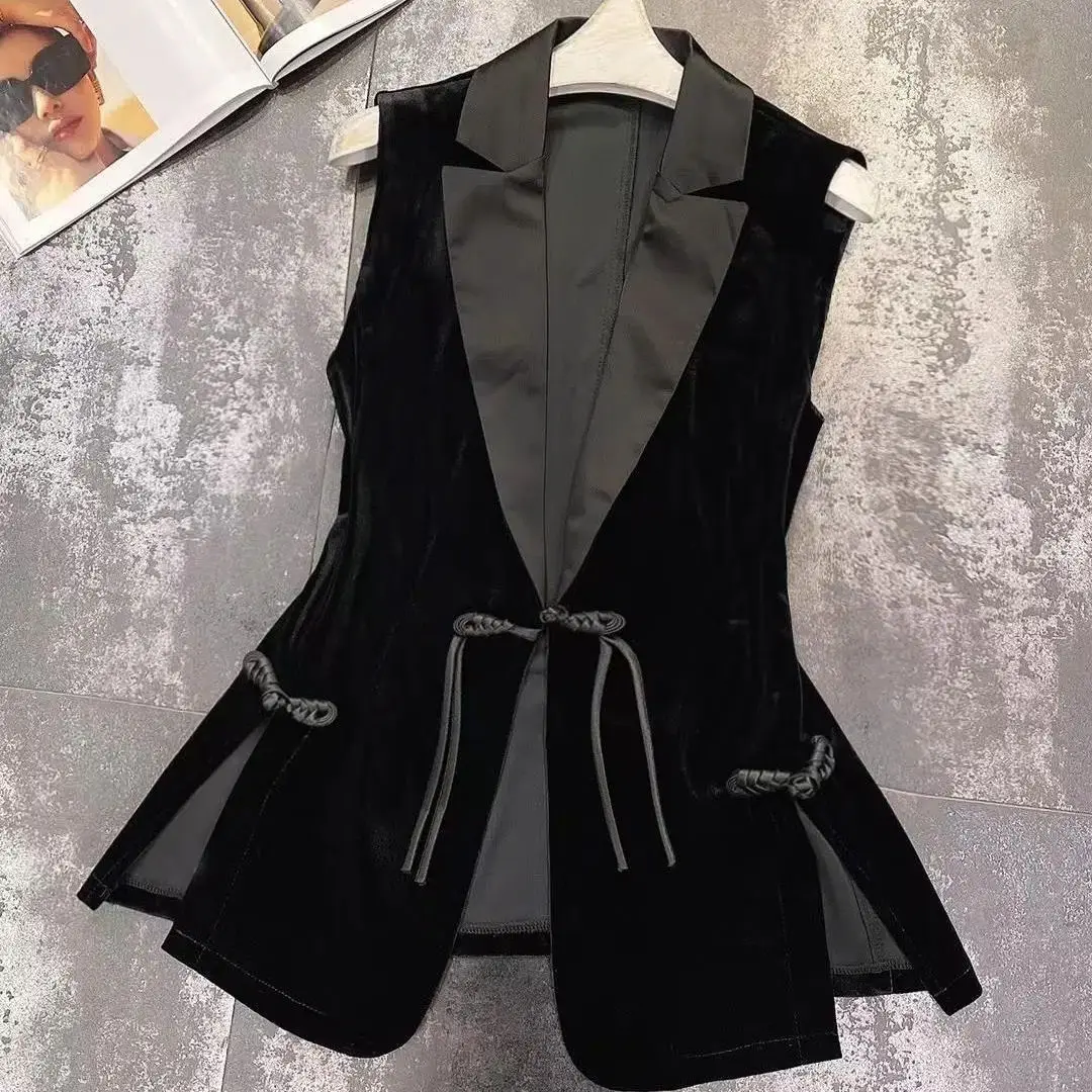 2023 Spring Autumn New Women's Black Suit Collar Chinese Button Slim Velvet Waistcoat
2023 Spring Autumn New Women's Black Suit Collar Chinese Button Slim Velvet Waistcoat