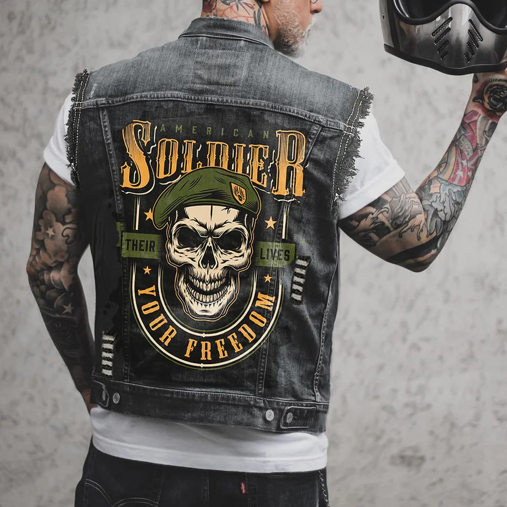 Biker Motorcycle High Denim Quality Vest Mens Skull Letter Print Hip Hop Cotton Sleeveless Jackets Ripped Hole Black Punk Rock W
Biker Motorcycle High Denim Quality Vest Mens Skull Letter Print Hip Hop Cotton Sleeveless Jackets Ripped Hole Black Punk Rock W