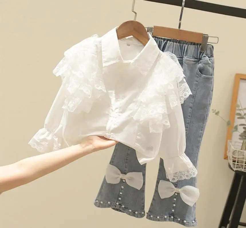 2022 Baby Girls Fall Fashion Sets, White Lace Blouse + Jean Pants 5 sets/lot, Wholesale, Free Shipping
2022 Baby Girls Fall Fashion Sets, White Lace Blouse + Jean Pants 5 sets/lot, Wholesale, Free Shipping