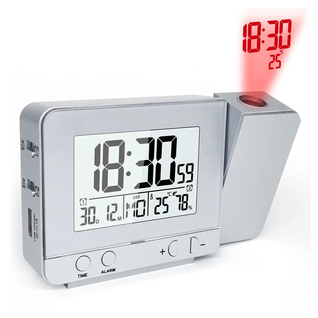 

Projection Alarm Clock LED Digital Display Calendar Time Date Projector Snooze Function Backlight Clocks Silver/Black
