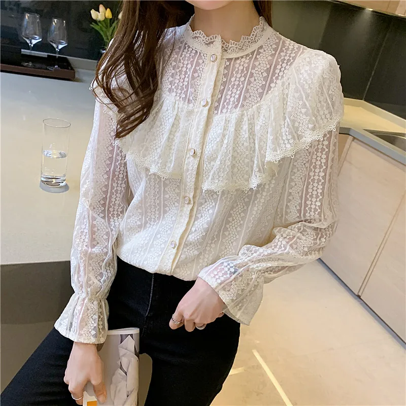 White Women Tops New Lace Round Neck Ruffled Lace Long Sleeve trumpet Shirt Blouse Mesh Lace Button Up Shirts Cardigan 204B
White Women Tops New Lace Round Neck Ruffled Lace Long Sleeve trumpet Shirt Blouse Mesh Lace Button Up Shirts Cardigan 204B