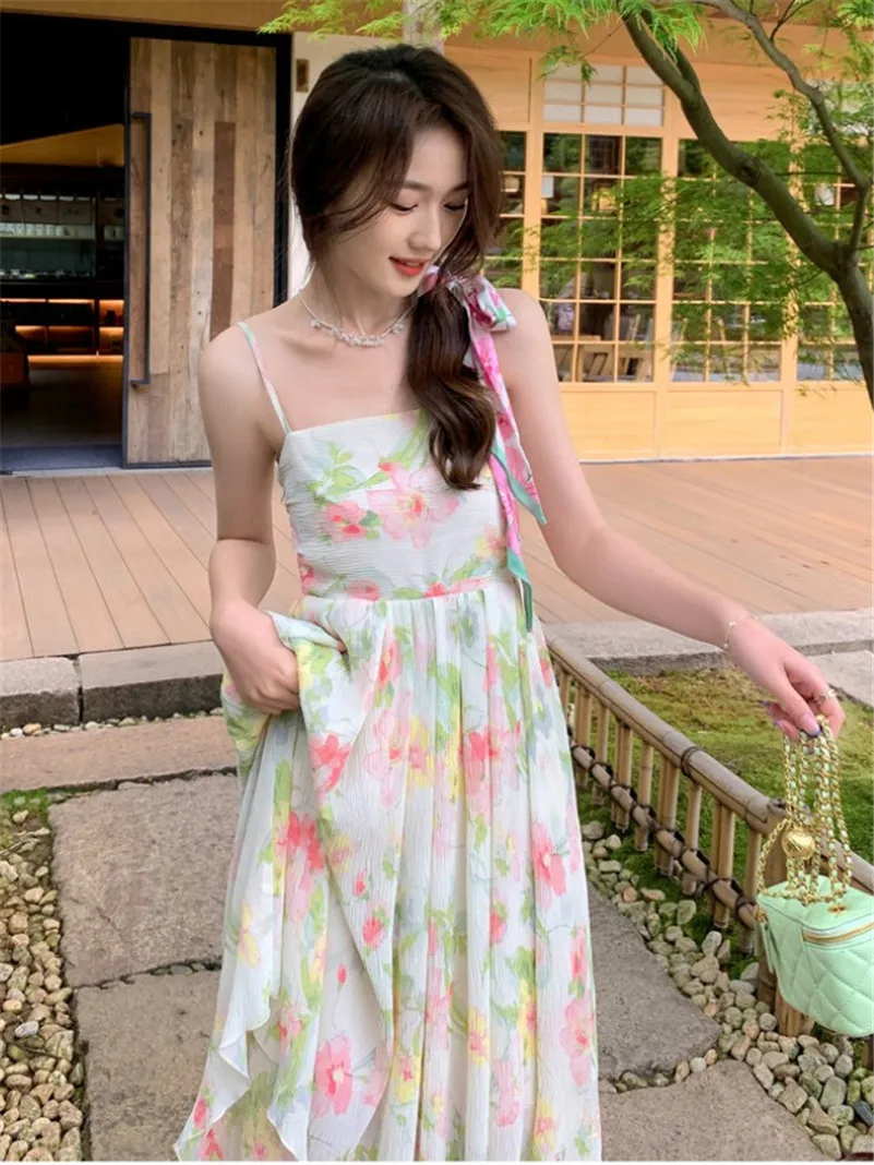 Summer Women Thin Chiffon Sweet Floral Print Suspender Skirts Cute Temperament Mid-Calf Slim Holiday Style Vestidos
Summer Women Thin Chiffon Sweet Floral Print Suspender Skirts Cute Temperament Mid-Calf Slim Holiday Style Vestidos