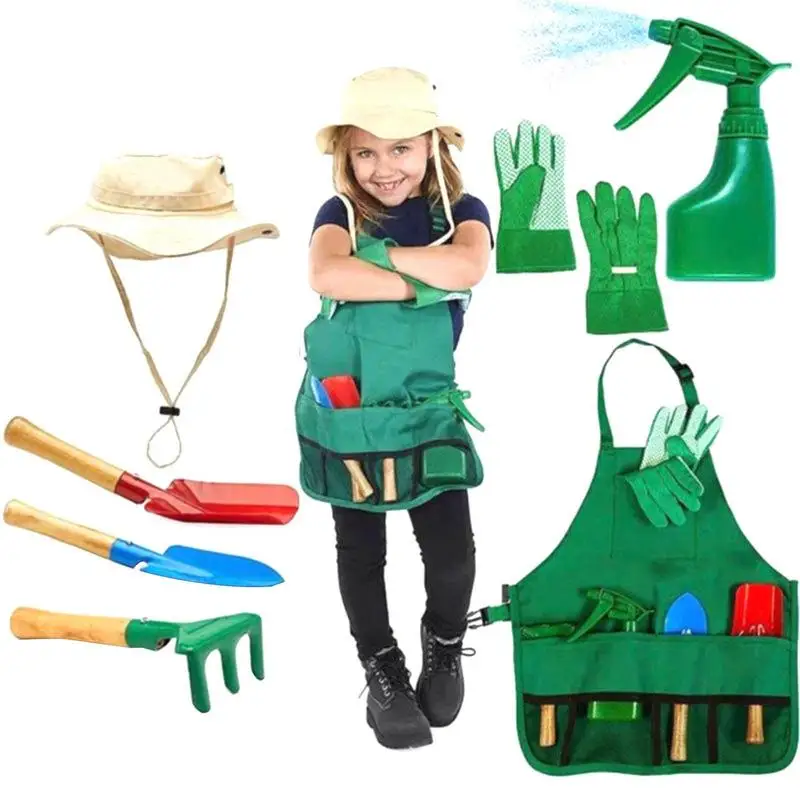 

8PCS Kids Gardening Tool Set Mini Children Planting Play Dress Up Apron Hat Gloves Bag Watering Toy Metal Shovel Gardening Tools