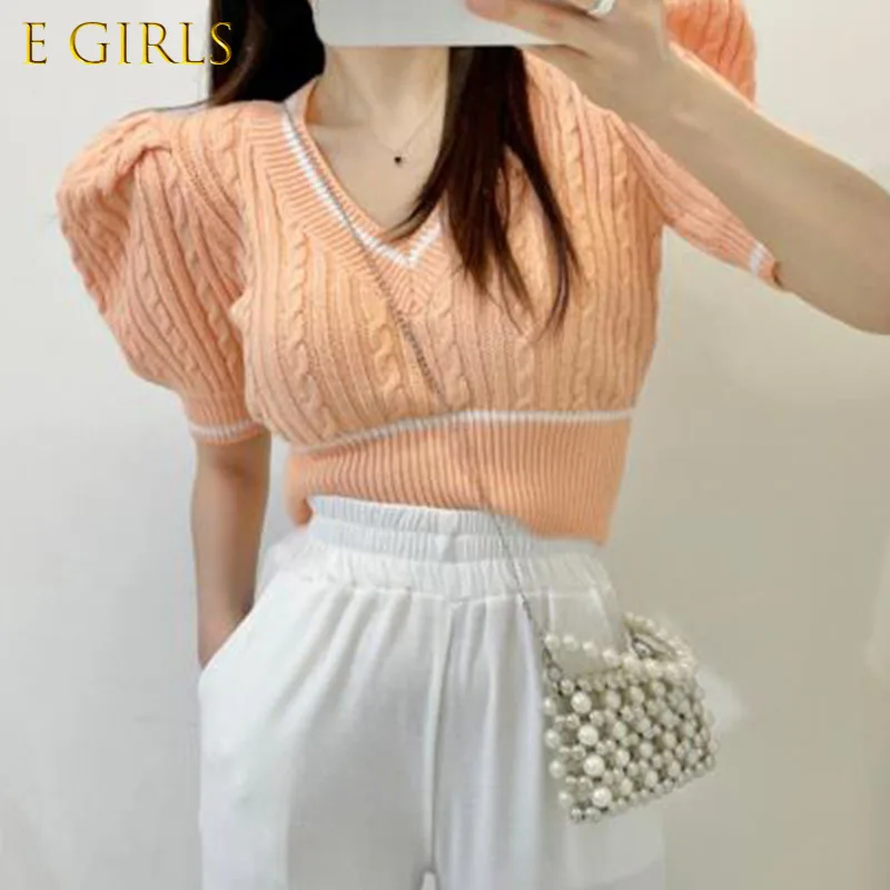 E GIRLS Korea Chic Hit Color Summer Puff Sleeve Pullover Knitwear Fashion Twisted V-neck Short Women Knitted Sweater 2022 New
E GIRLS Korea Chic Hit Color Summer Puff Sleeve Pullover Knitwear Fashion Twisted V-neck Short Women Knitted Sweater 2022 New