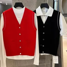 New Golf Clothing Womens 2023 Autumn V-neck Knitted Vest Cardigan Sleeveless Top
