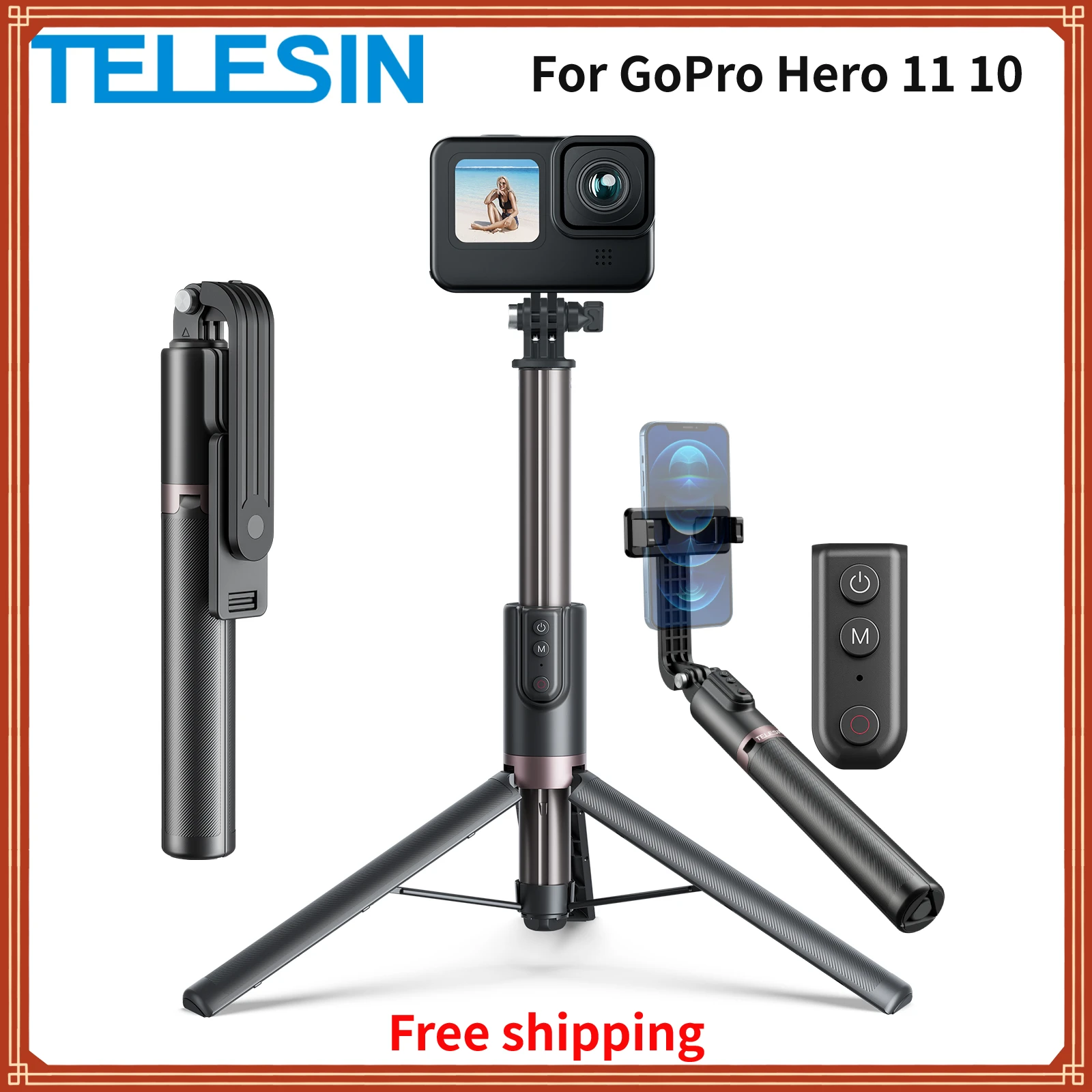 

TELESIN 40M Wireless Bluetooth Remote Control for GoPro Hero 11 10 9 8 Max Vlog Selfie Stick Tripod For IPhone 14 Samsung HUAWEI